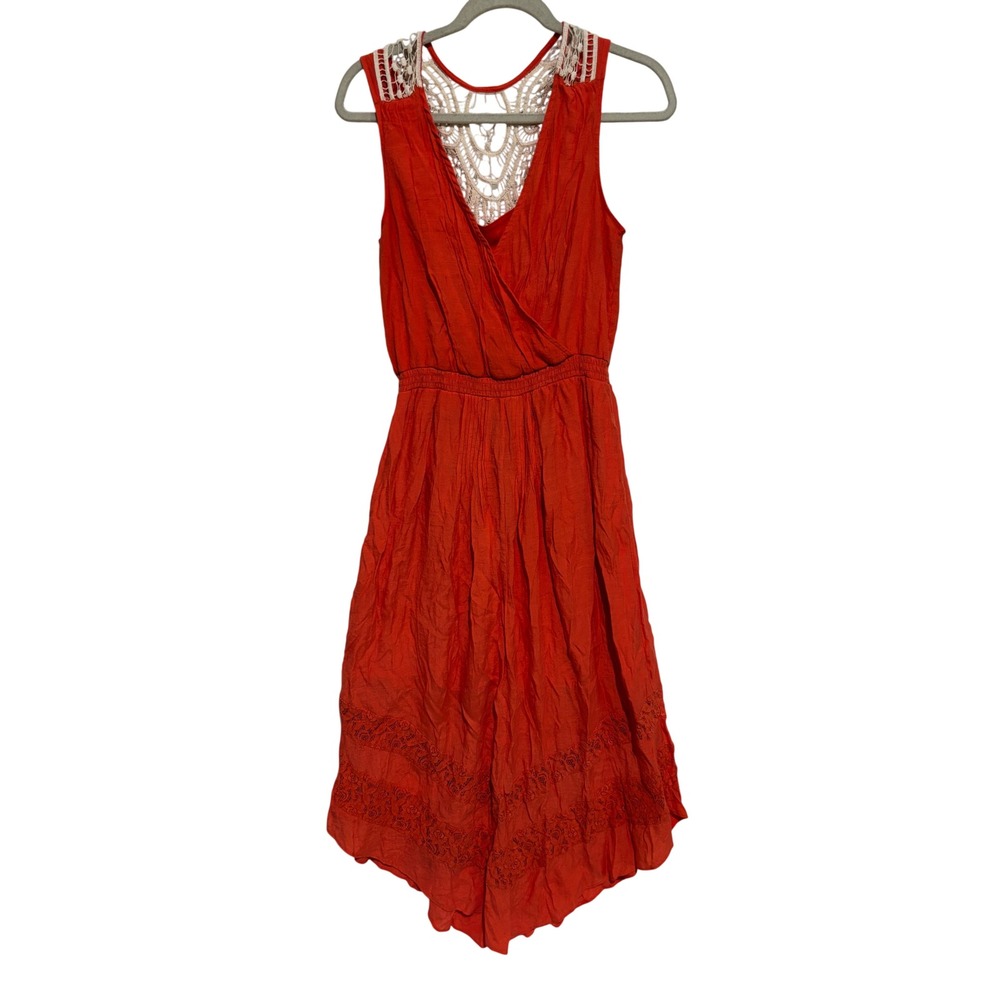 Boho Coral Orange Crochet Lace Back‎ Sleeveless Midi Dress V Hem sz L Resortwear
